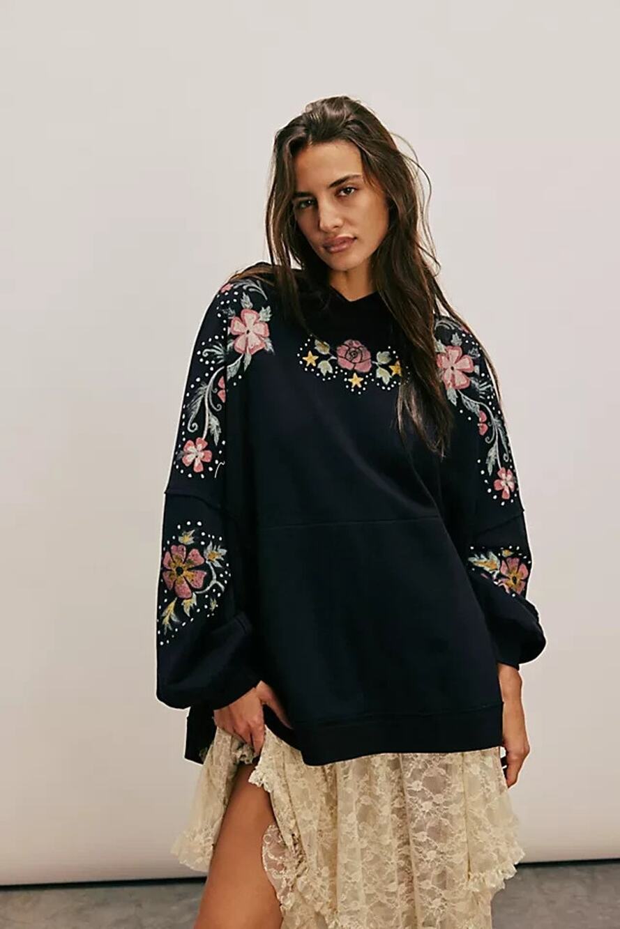 Free People We The Free We Graphic Hoodie XL Black Floral Embroidered NWT